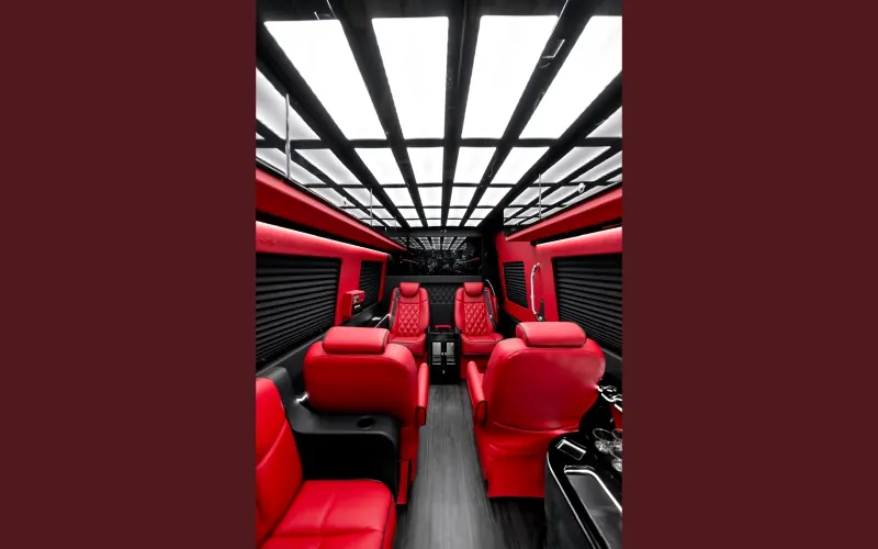 Sprinter passenger cabin with red leather seats